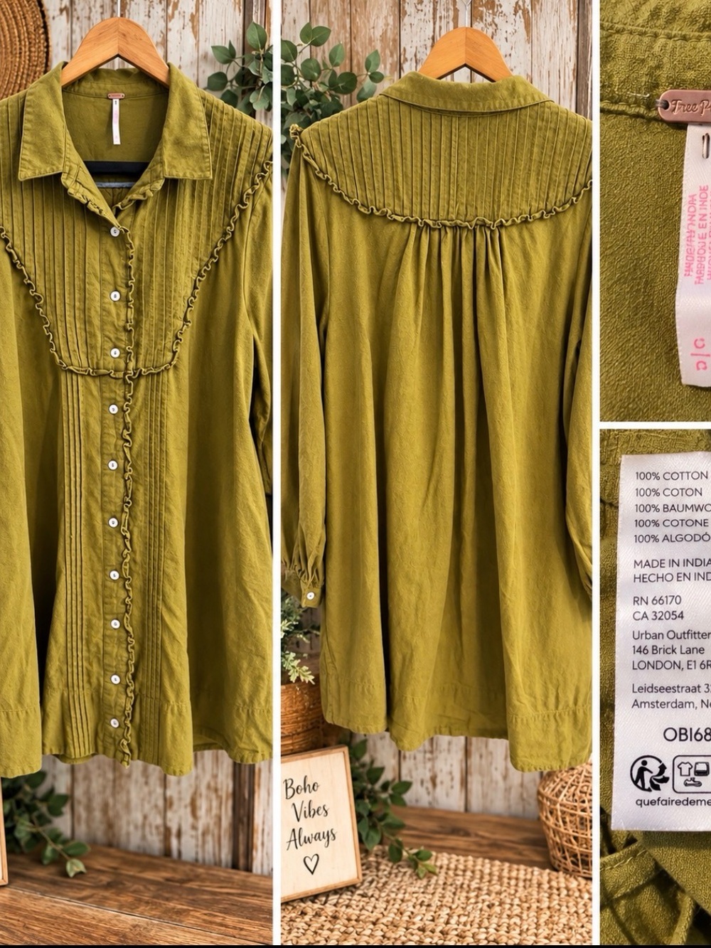 Free People Olive Green Pintuck Ruffle Button Front Boho Tunic Dress S P2P 20’